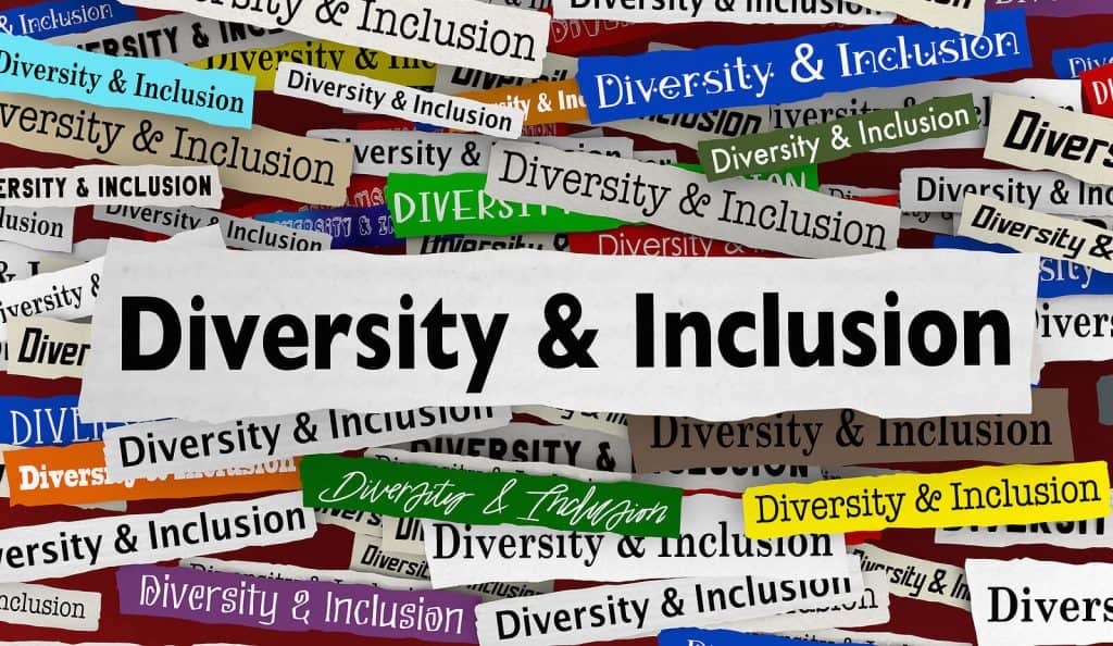 Word jumble of "Diversity & Inclusion" in different colors