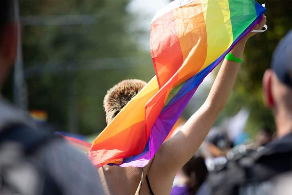 a person holding up an LGBTQ pride flag