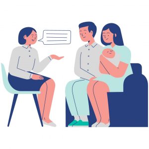 Illustration of a couple holding hands speaking with a marriage counselor in Asheville, NC. If you are afraid of couples therapy and marriage counseling in North Carolina