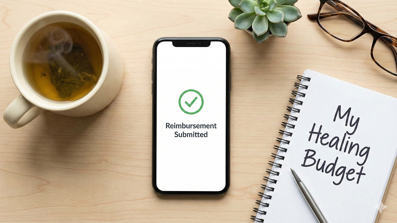 Smartphone showing insurance reimbursement app next to a notebook, symbolizing affordable mental health care in North Carolina.