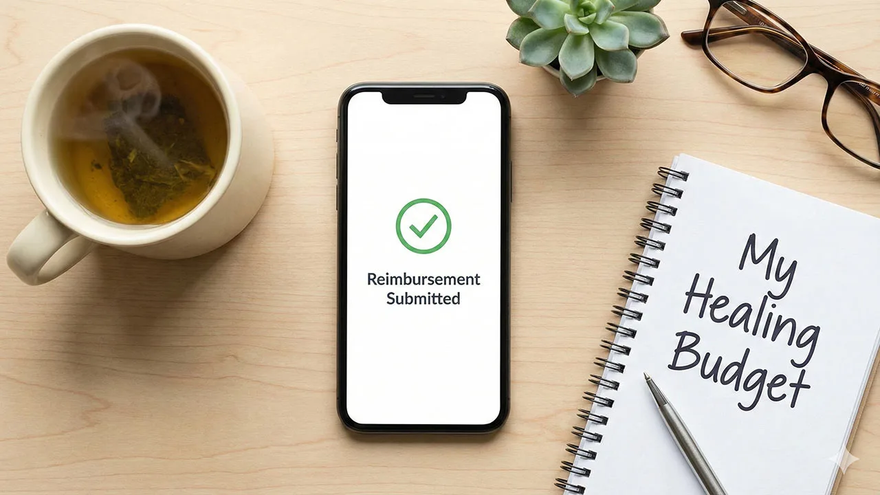 Smartphone showing insurance reimbursement app next to a notebook, symbolizing affordable mental health care in North Carolina.