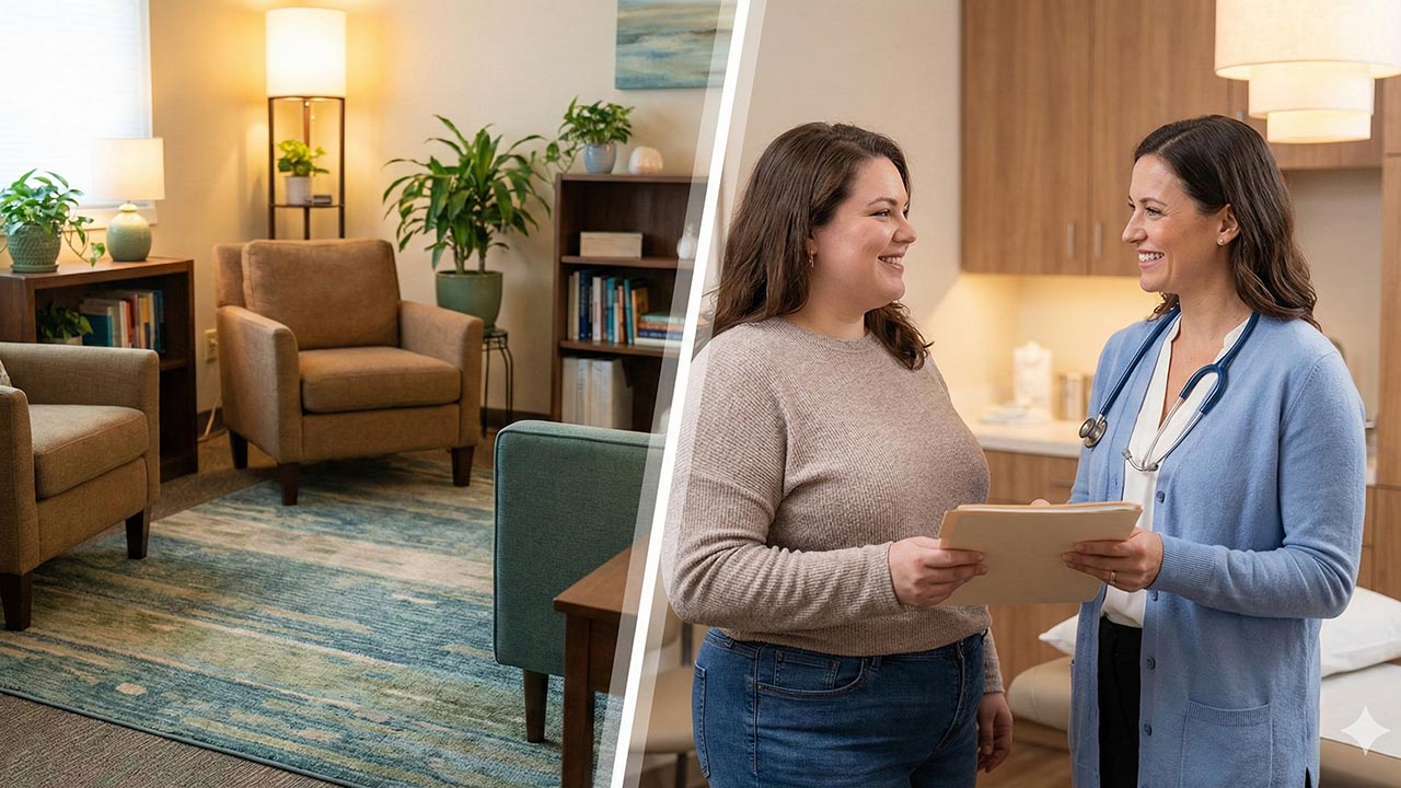 A weight-inclusive doctor in North Carolina greeting a plus-size patient with respect and warmth.