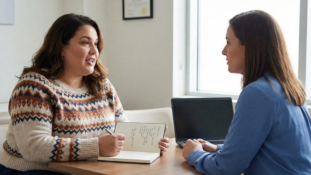 A plus-size patient advocating for themselves during a medical appointment in North Carolina.