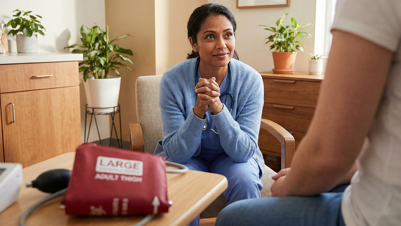 A weight-inclusive doctor in North Carolina listening to a patient, with a large-size blood pressure cuff visible